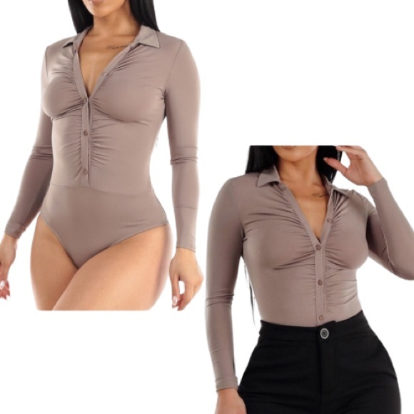 NWT Long Sleeve Ruched Button Up Collared Bodysuit Mocha - Picture 1 of 6
